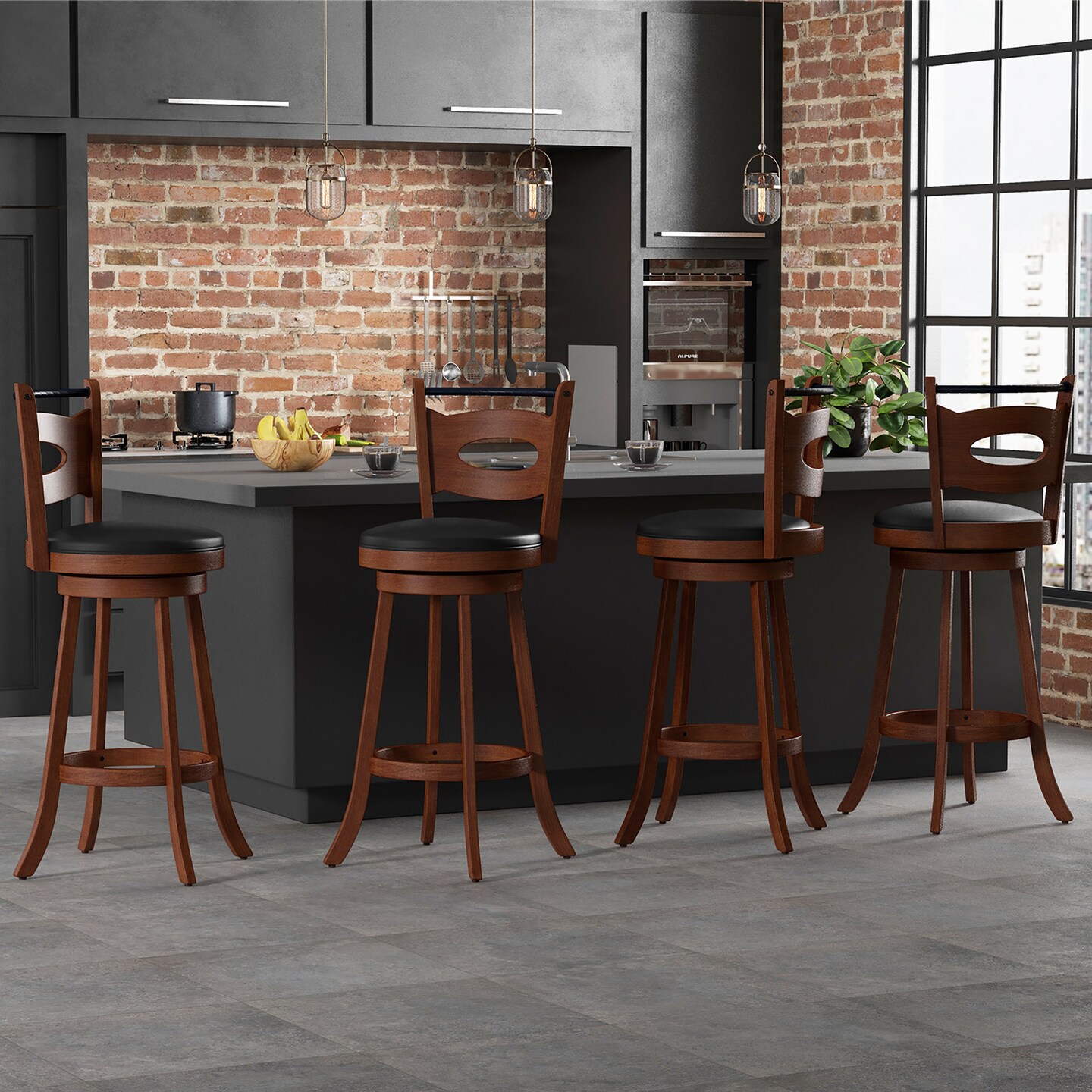 Costway Set of 2 Bar Stools 360&#xB0; Swivel Dining Chairs Solid Rubber Wood Leather Padded Seat Counter Height