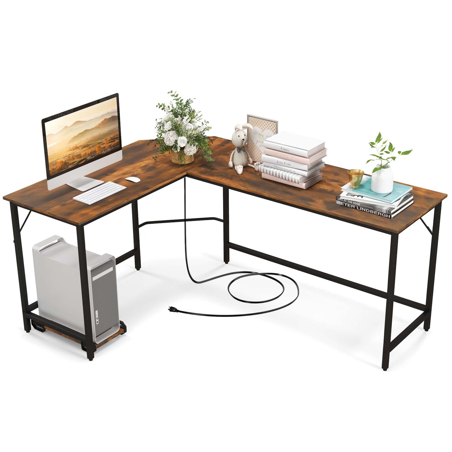 Costway L-shaped Gaming Desk Computer Desk with CPU Stand Power Outlets Rustic Brown/Black