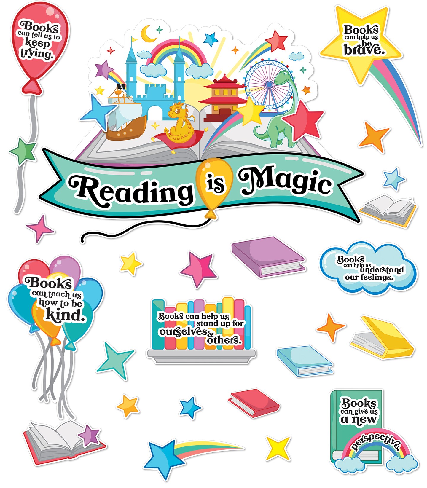 Carson Dellosa Reading is Magic Bulletin Board Set&#x2014;Motivational Posters, Balloons, Books, Stars, and Rainbow Decorations and Cutouts, Homeschool or Classroom D&#xE9;cor (53 pc)