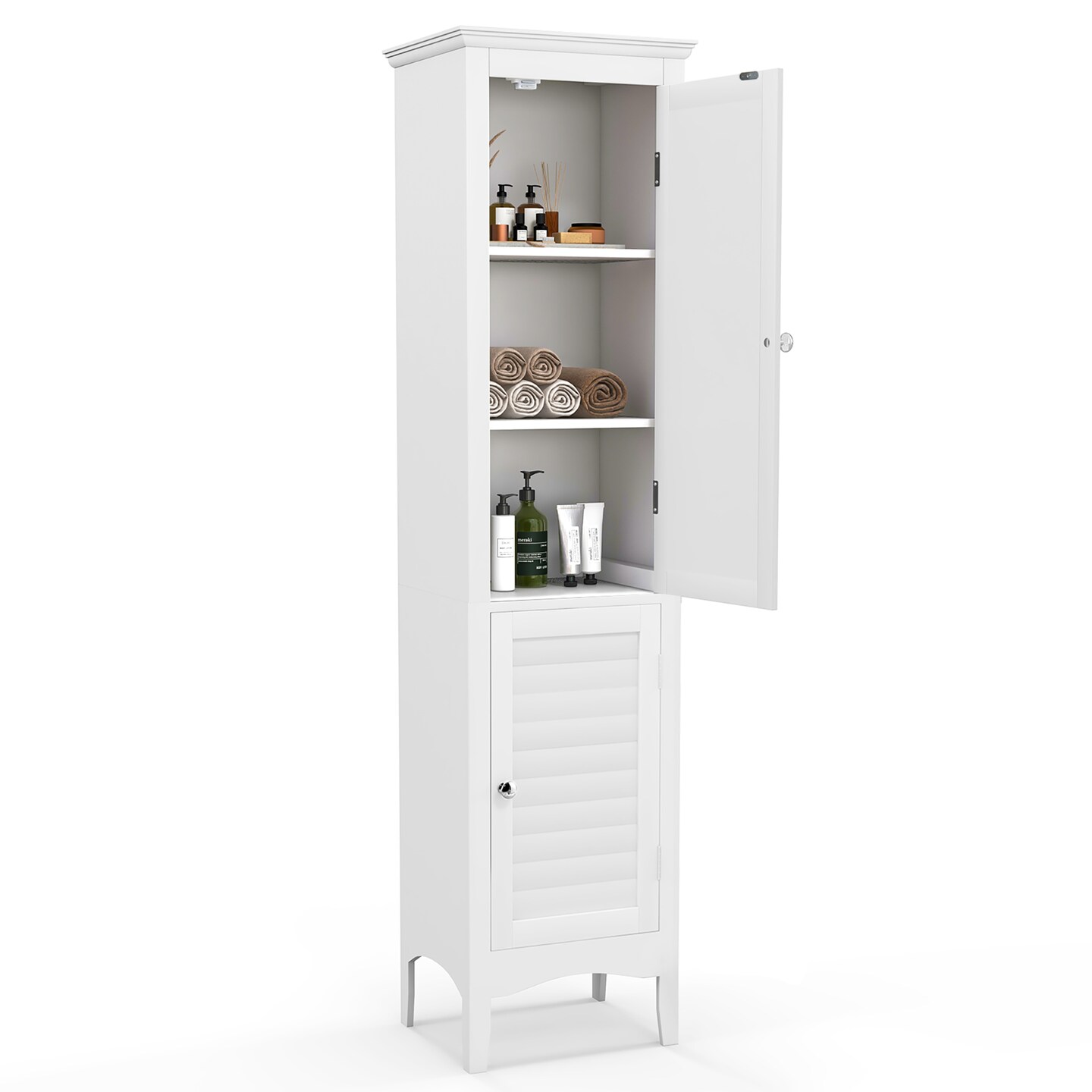 Costway Tall Bathroom Floor Cabinet Narrow Linen Tower with 2 Doors &#x26; Adjustable Shelf