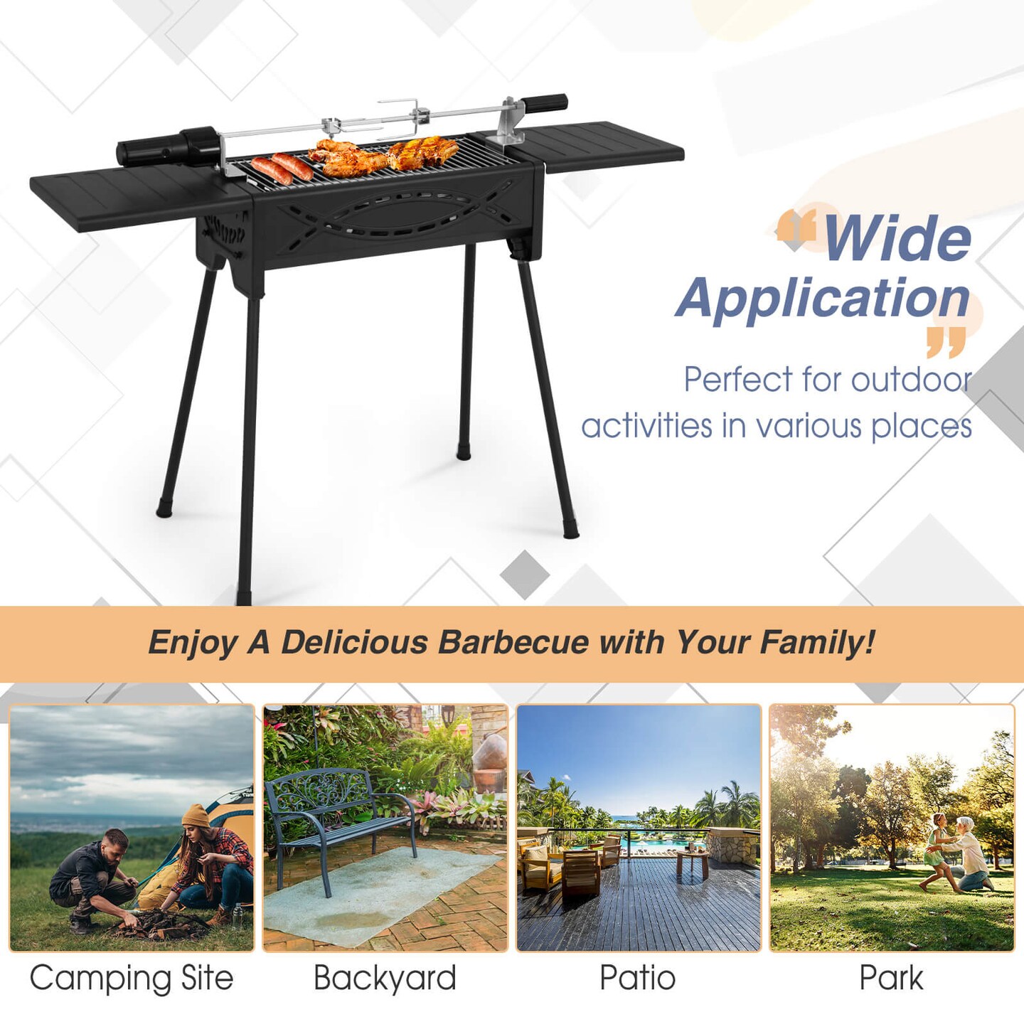 Portable Charcoal Grill with Electric Roasting Fork-Black