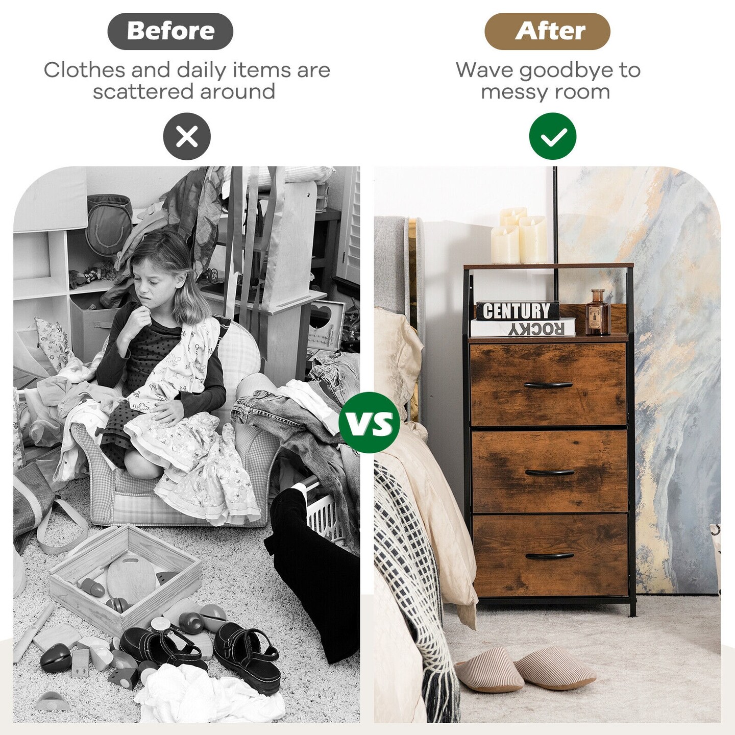 3 Drawer Storage Organizer Dresser with Wood Top and Sturdy Steel Frame-Rustic Brown