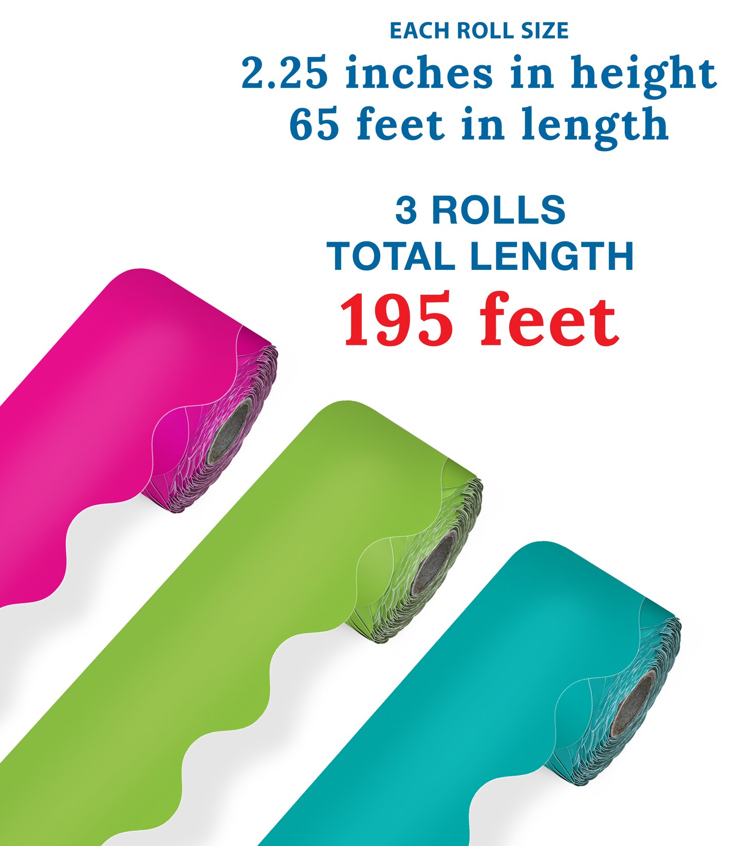 Carson Dellosa 3 Rolls of 195 Ft Scalloped Bulletin Board Borders, Lime Green, Hot Pink, and Teal Classroom Borders for Bulletin Board &#x26; Classroom D&#xE9;cor, 65 Ft Per Bulletin Board Trim Roll