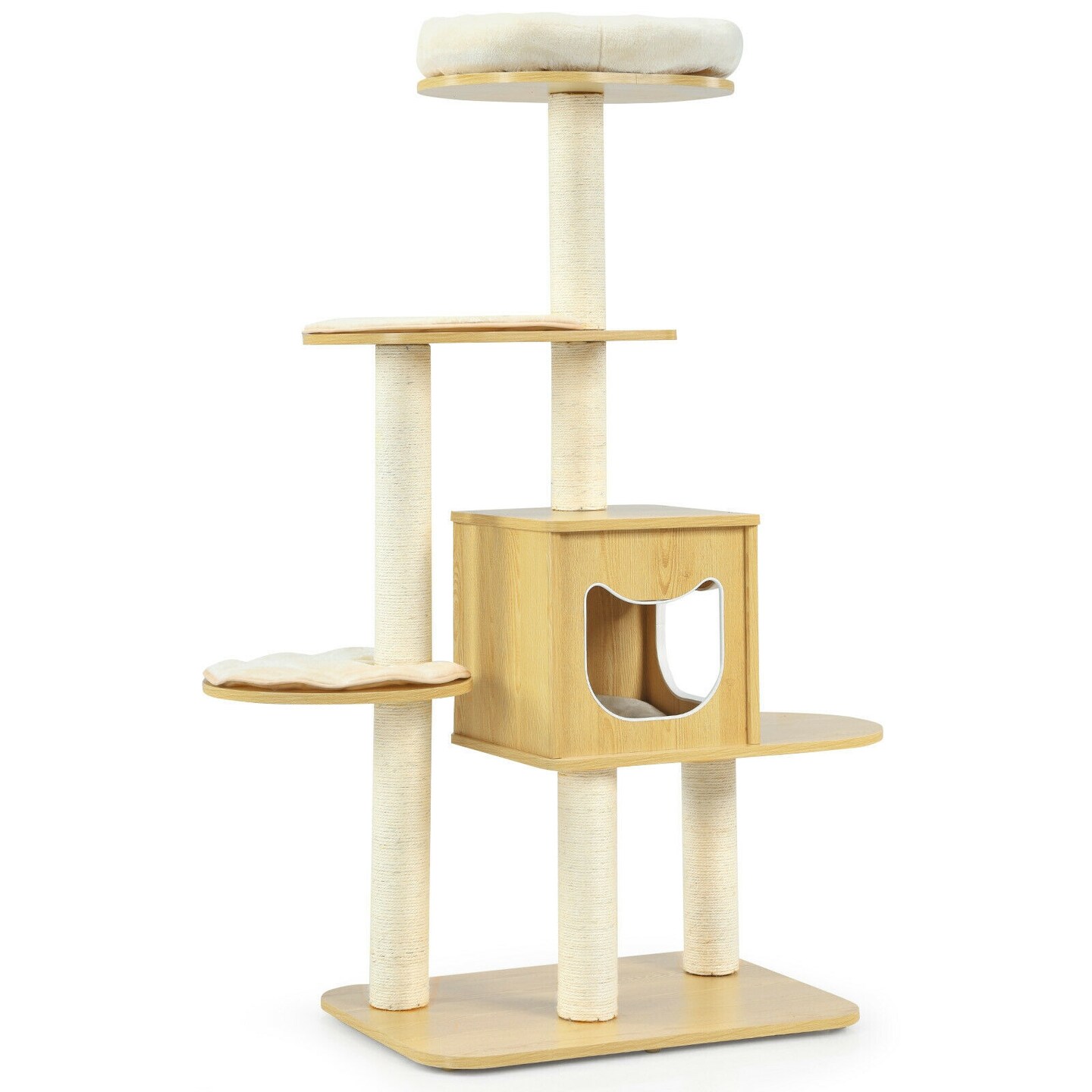 4 Levels Modern Wood Cat Tower with Washable Mats-Walnut