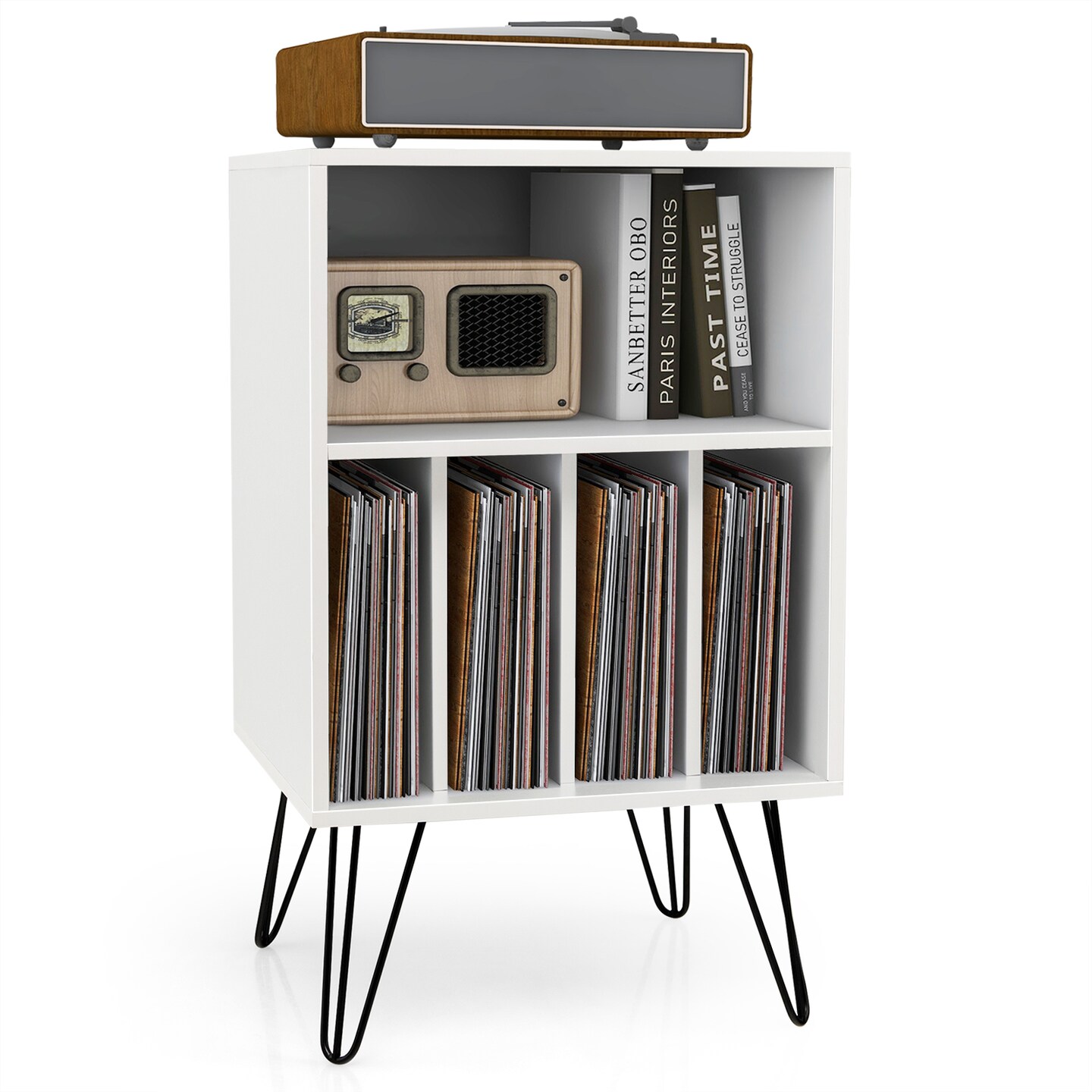 Freestanding Record Player Stand Record Storage Cabinet with Metal Legs
