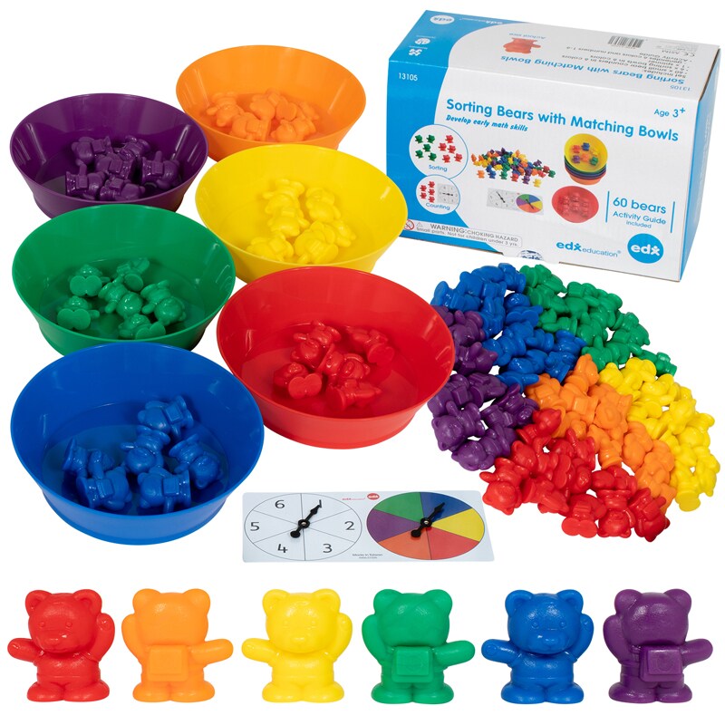 Counting Bears with Matching Bowls - 68pc Set - 60 Bear Counters, 6 Bowls &#x26; 2 Game Spinners