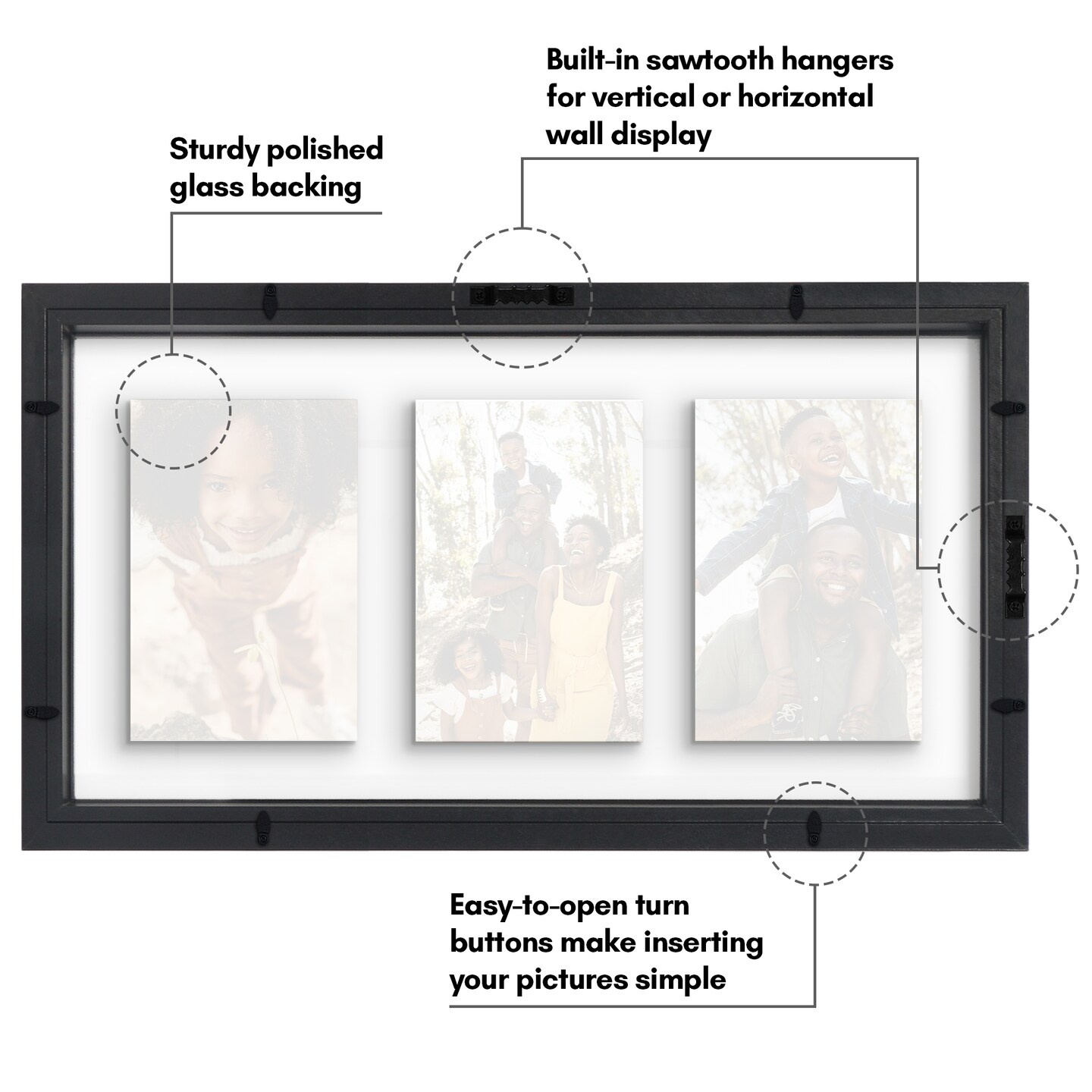 Americanflat Floating Collage Frame - Displays Three Photos with Floating Effect - Shatter Resistant Glass - Hanging Hardware for Horizontal or Verticle Display