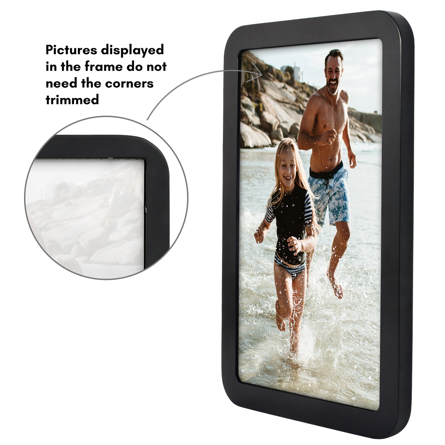 Americanflat Curved Corner Photo Frame - Picture Frame with Round Corners - Shatter Resistant Glass - Triangle Hanging Hardware - Easel for Tabletop Display - Black