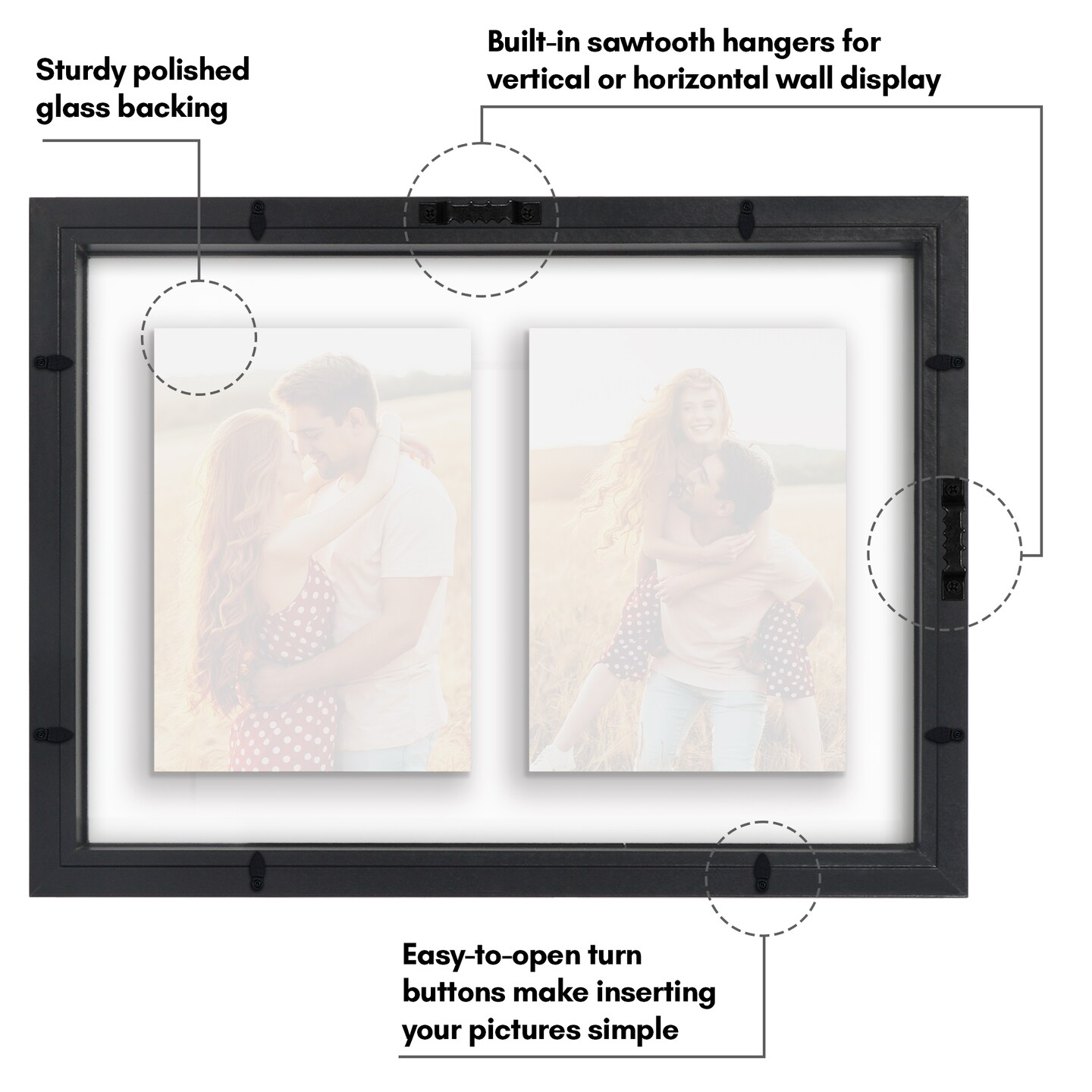Americanflat Floating Collage Frame - Displays Two Photos with Floating Effect - Shatter Resistant Glass - Hanging Hardware for Horizontal or Verticle Display