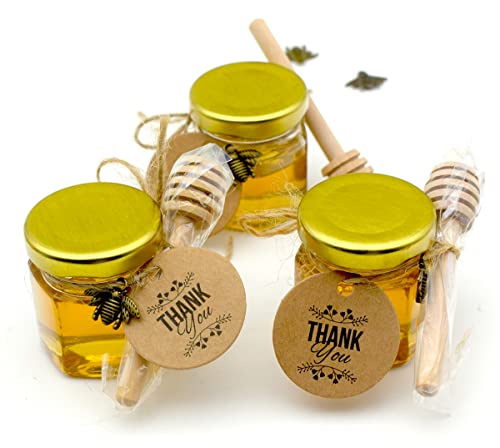 20 Pack Glass Honey Jars with Dipper - Gold Lids, Bee Pendants, Jutes, and Thank You Cards - Perfect for Baby Shower Favors, Wedding Favors, Party Favors