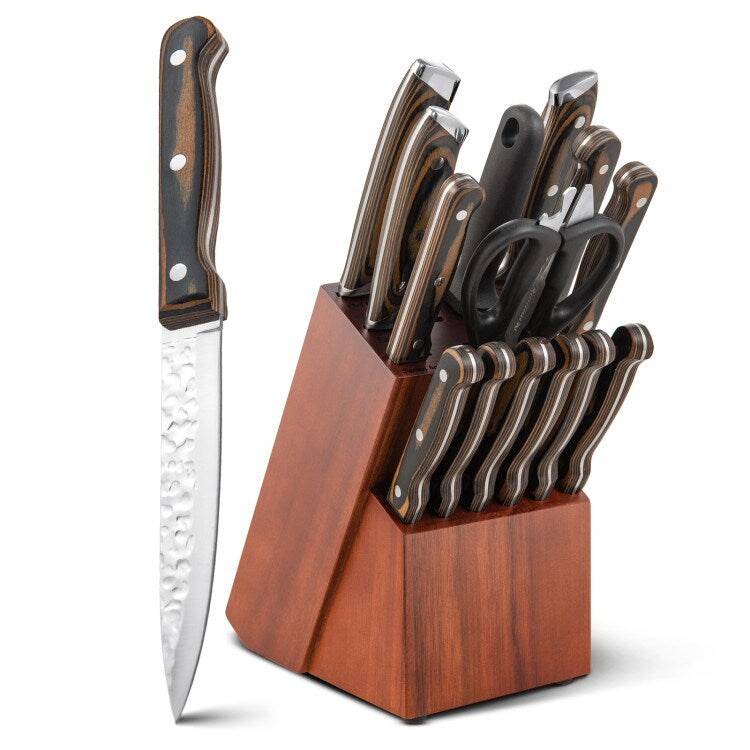 Oster Lingbergh 14 Piece Stainless Steel Cutlery Knife Set with Pine Wood  Block