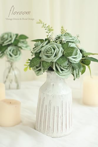 Floroom Artificial Flowers 25pcs Real Looking Forest Green Ombre Colors Foam Fake Roses with Stems for DIY Wedding Bouquets Bridal Shower Floral Centerpieces Party Tables Home Decorations
