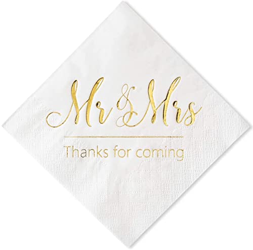 Crisky Napkins Mr and Mrs Gold Cocktail Beverage Dessert for Wedding Shower Engagement Party Decorations, Cake Table Decor Supplies. 100 Pcs, 3-Ply