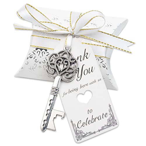 50 Pack Vintage Skeleton Key Bottle Openers Wedding Favors Souvenir Gift Set for Guests Pillow Candy Box Escort Thank You Card French Ribbon