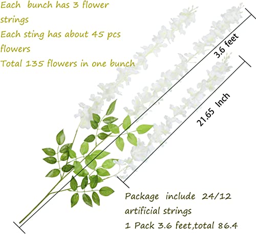 24 Pack Wisteria Hanging Flowers Fake Flower Garland Artificial Wisteria Vines Rattan Silk Flower String Wedding Party Wall Decorations,White