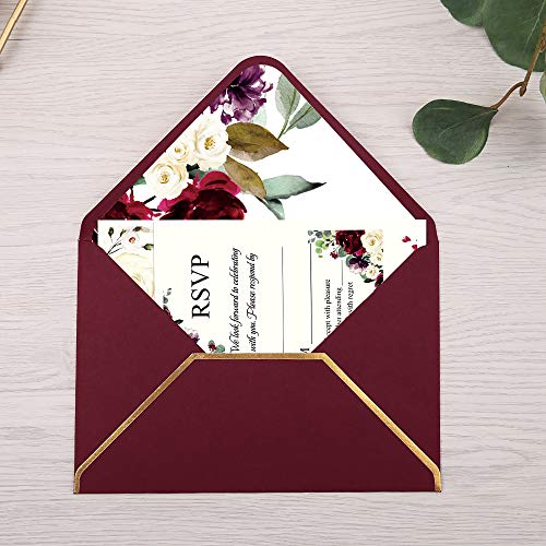 25 Pack Burgundy Fill-in Invitations Cards with Burgundy Rose and Envelope with Gold Border for Wedding,Engagement Invite