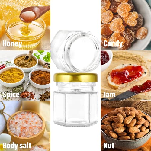 48 Pcs Mini Honey jars-1.5oz, Hexagon honey jars with dipper,gold cover,bee pendant,Gold Gift Bags,rope,Thank-You Tags,Glass Honey jars with lids,Baby Shower,Wedding Favors,Party Favors