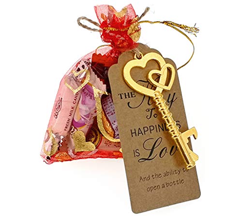50pcs Skeleton Key Bottle Opener Wedding Party Favor Souvenir Gift with Escort Tag and Jute Rope (Gold Tone,5 styles)