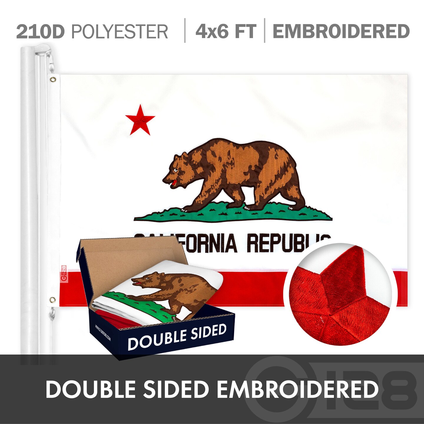 G128 Combo Pack: USA American Flag &#x26; California CA State Flag 4x6 Ft Double Sided Embroidered Polyester, Indoor/Outdoor, Brass Grommets