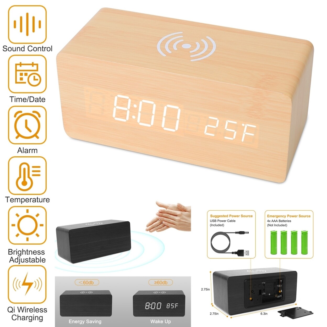 Global Phoenix Digital Alarm Clock QiWireless Charger Time Temperature Calendar Display Clock