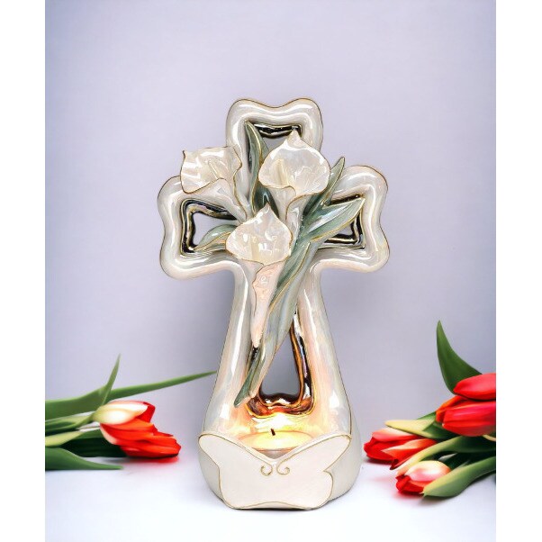 kevinsgiftshoppe Ceramic Cala Lily Flower with Cross Tealight Candle Holder Religious Decor Religious Gift Church Decor