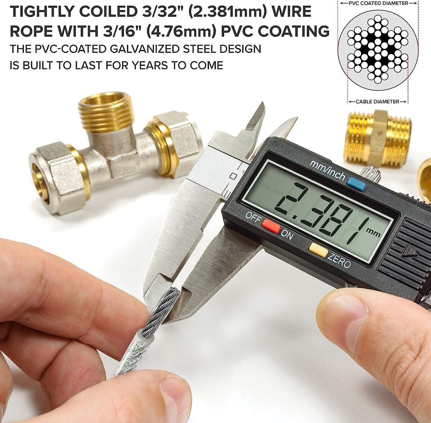 Jumbl 7x7 Wire Rope, 3/32" x 3/16" PVC Galvanized Wire, Coated Steel Aircraft Cable