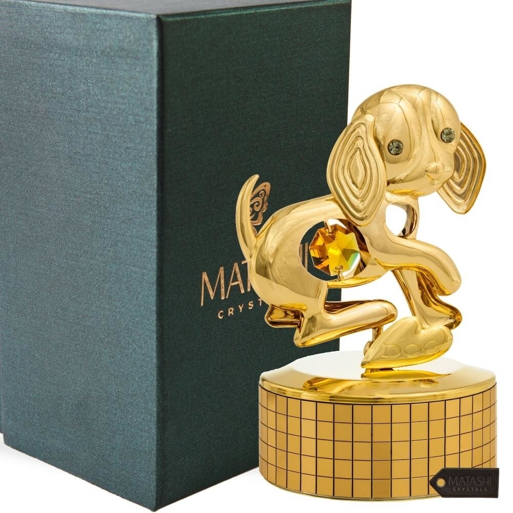 2018 Year Of The Dog 24K Gold Plated Dog Music Box Plays Love Story Gold Table Top Ornament W/ Gold Crystal