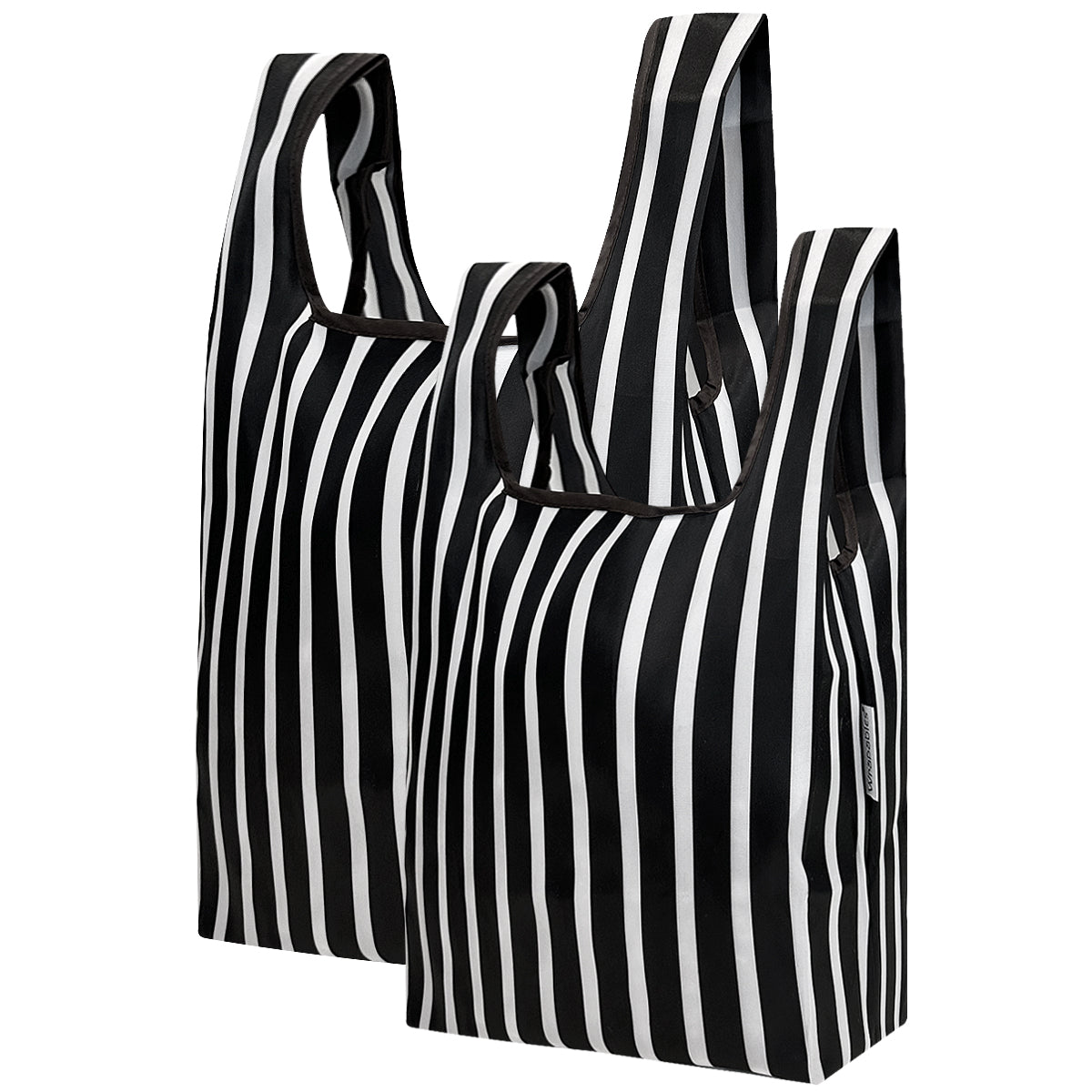 Wrapables Large & Small Foldable Tote Nylon Reusable Grocery Bags, Set of 2, Black Stripes