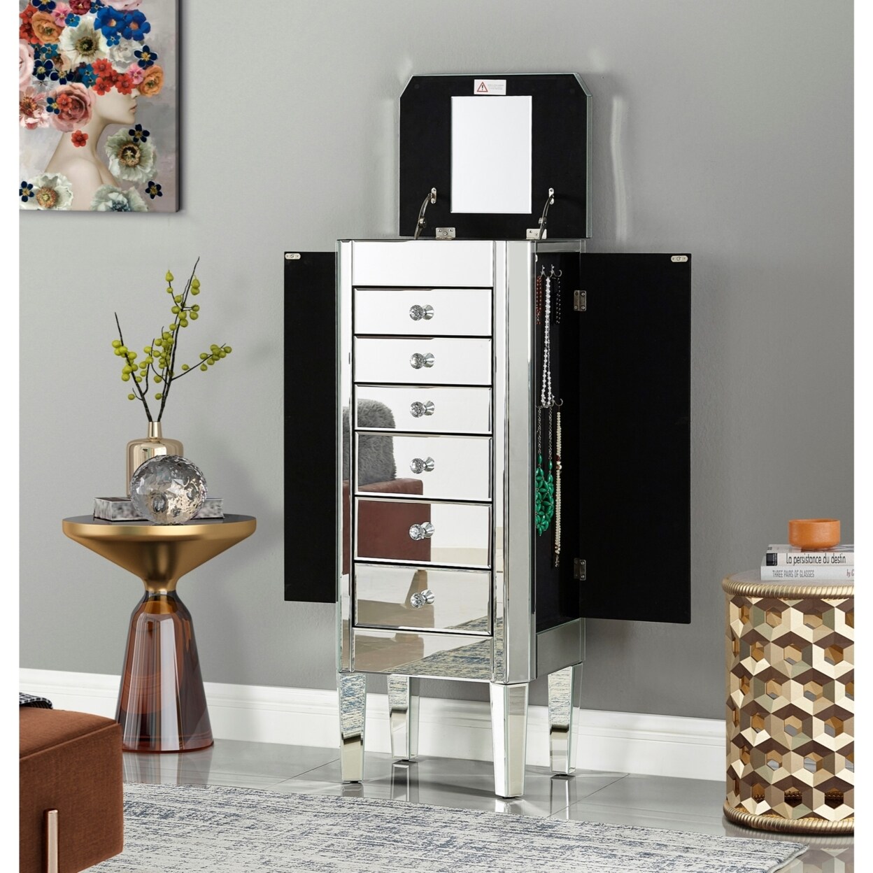 Inspired Home Fernando Jewelry Armoire - Mirrored 6 Drawers Lift Up Top