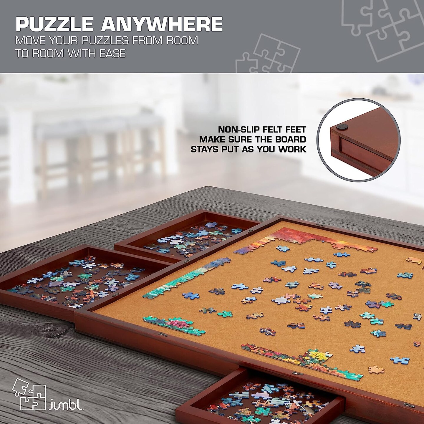 Jumbl 1000 Piece Puzzle Board 23” x 31” Wooden Jigsaw Puzzle w/Felt Surface & Drawers