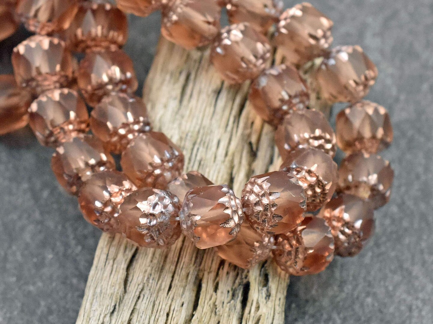 *15* 8mm Copper Washed Matte Peach Fire Polished Cathedral Beads