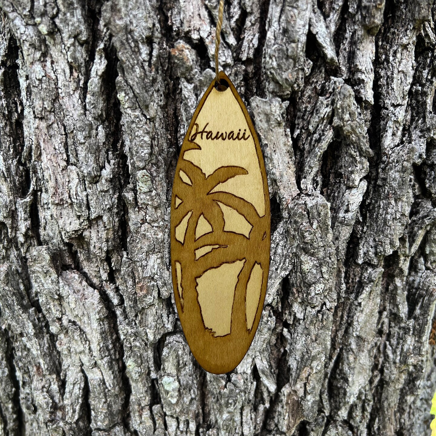 Ornament - Hawaii Palm Tree Surfboard - Raw Wood Maple Ornament - Hawaii Palm Tree Surfboard - Raw Wood Maple
