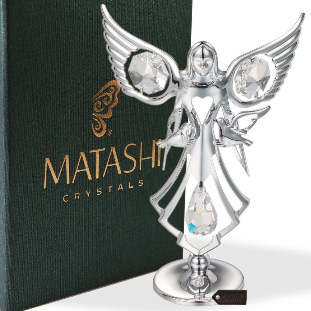 Matashi Guardian Angel Figurine Crystal Studded Ornament (Angel With Doves Chrome/Silver) Gift For Christams Valentines
