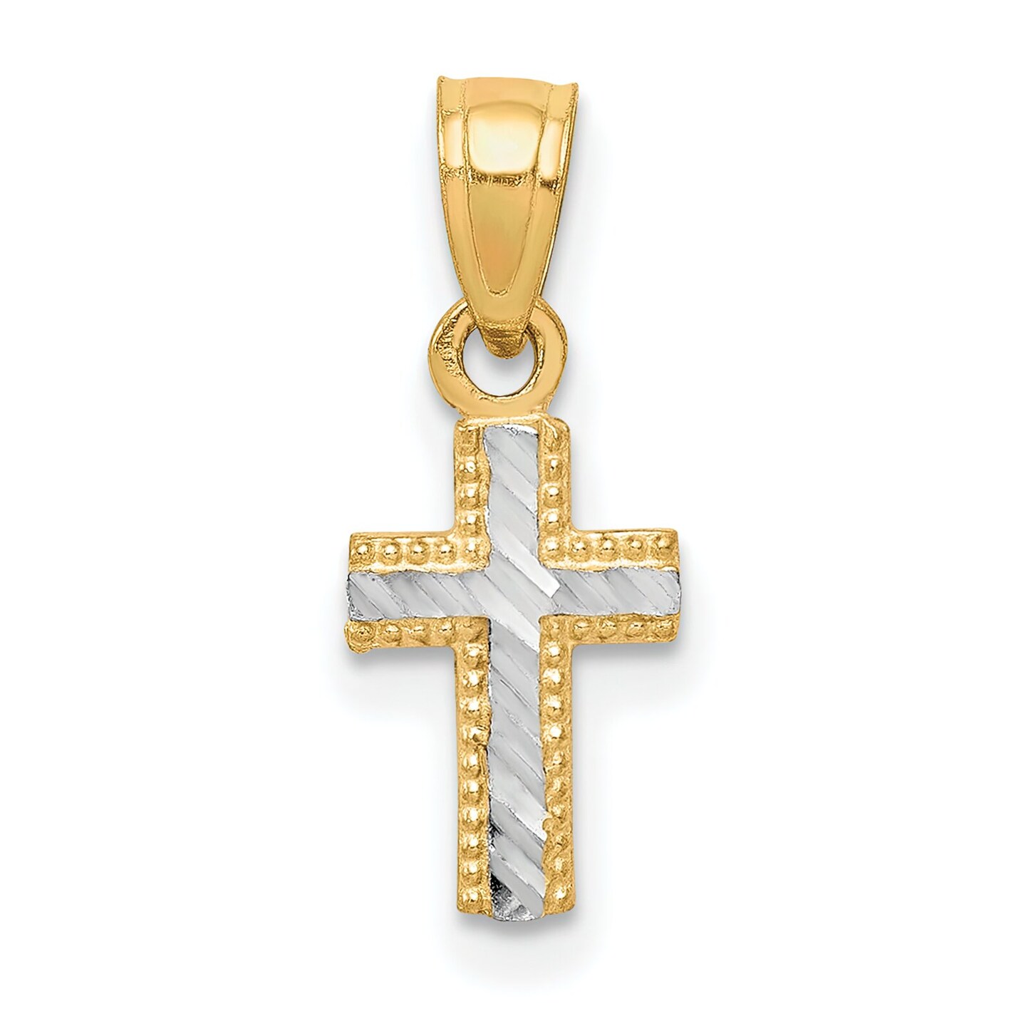 10K Gold & Rhodium Plated Tiny Diamond Cut Cross Pendant Charm