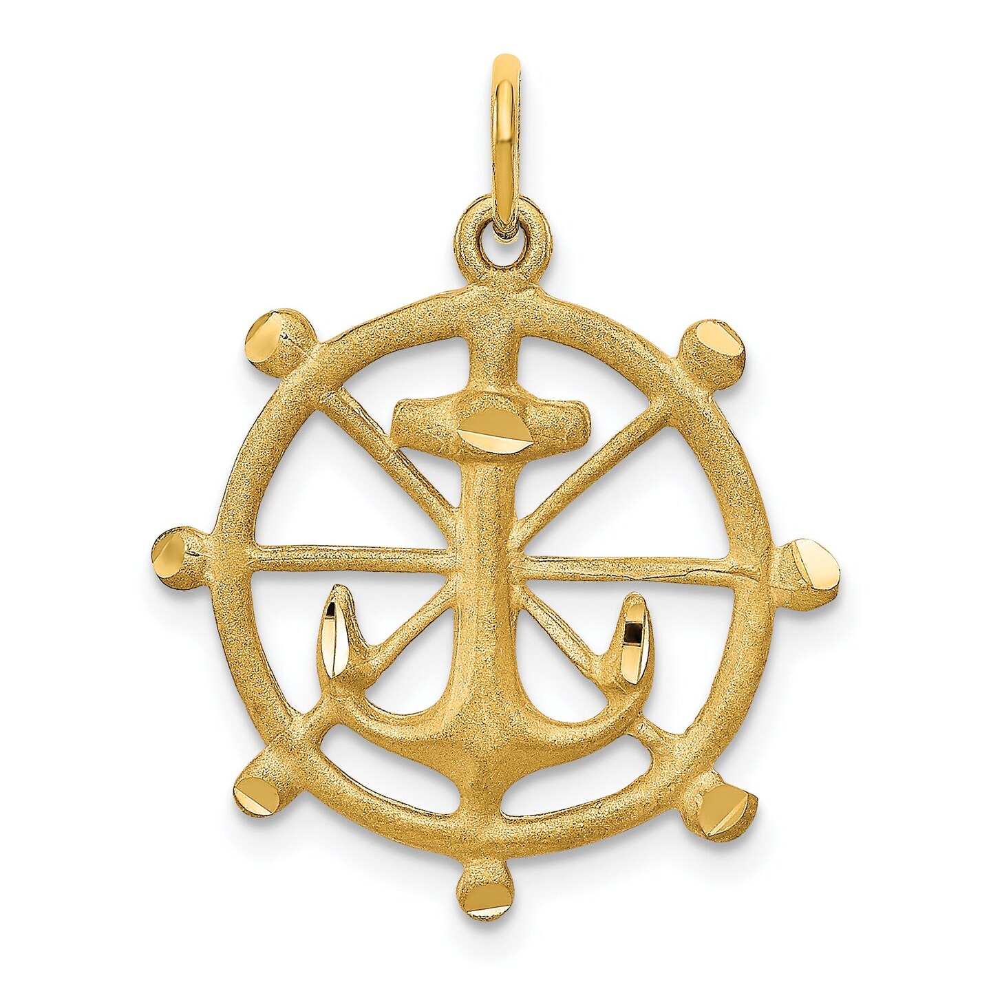 10K Yellow Gold Anchor in Ship Wheel Charm Jewelry 26mm x 21mm