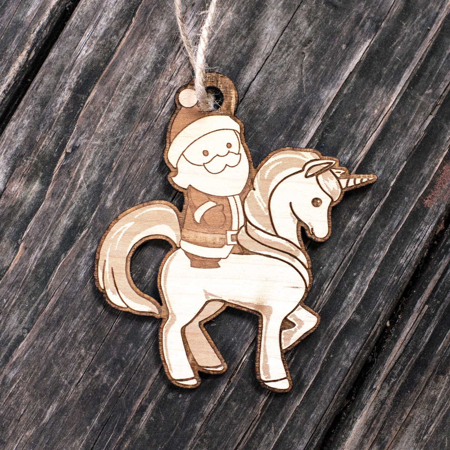 Ornament - Santa's Unicorn - Raw Wood 3x4in Ornament - Santa's Unicorn - Raw Wood 3x4in