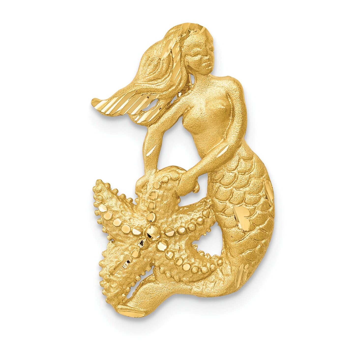 14k Yellow Gold Satin Finish Diamond-Cut Mermaid & Starfish Pendant