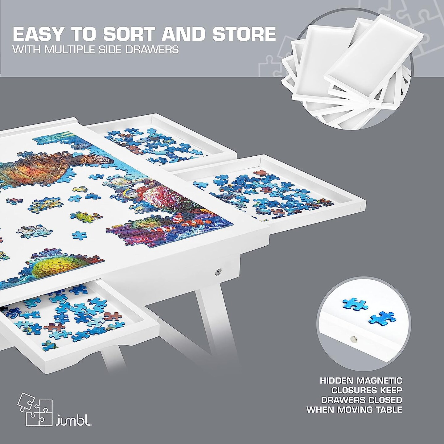 Jumbl 1000-Piece Puzzle Table w/Mat, 23" x 31" Jigsaw Puzzle Board w/Legs 6 Removable Drawers