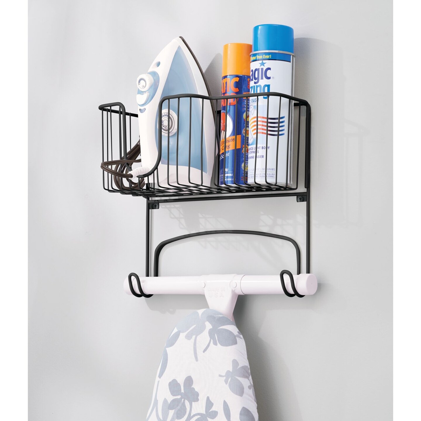 mDesign Wall Mount Ironing Board Holder, Large Storage Basket