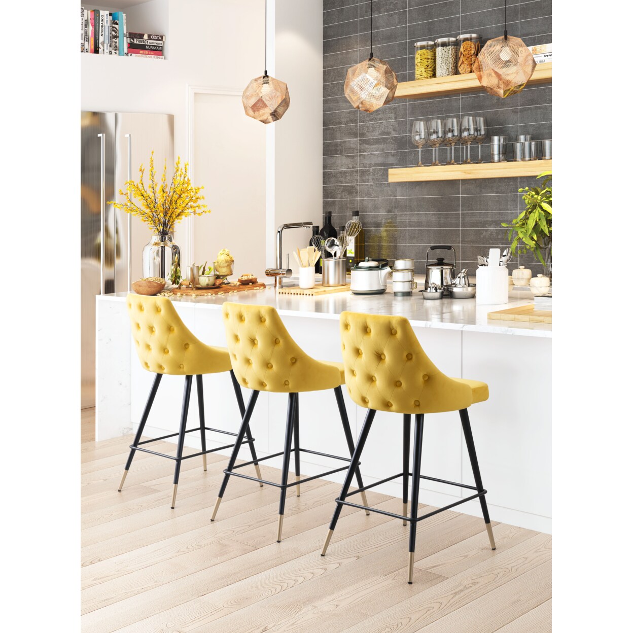 &#x22;Piccolo Counter Stool Tapered Back Button Tufting Brass Legs Kitchen