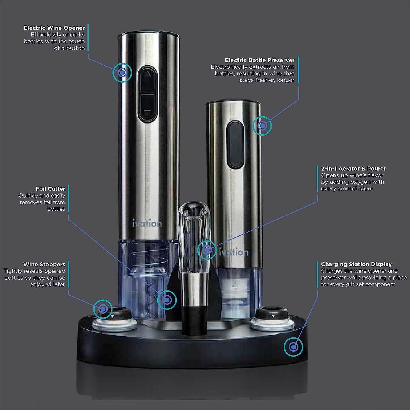 Ivation Electric Wine Opener, 7-Piece Wine Gift Set, Electric Bottle Opener, Wine Aerator Pourer