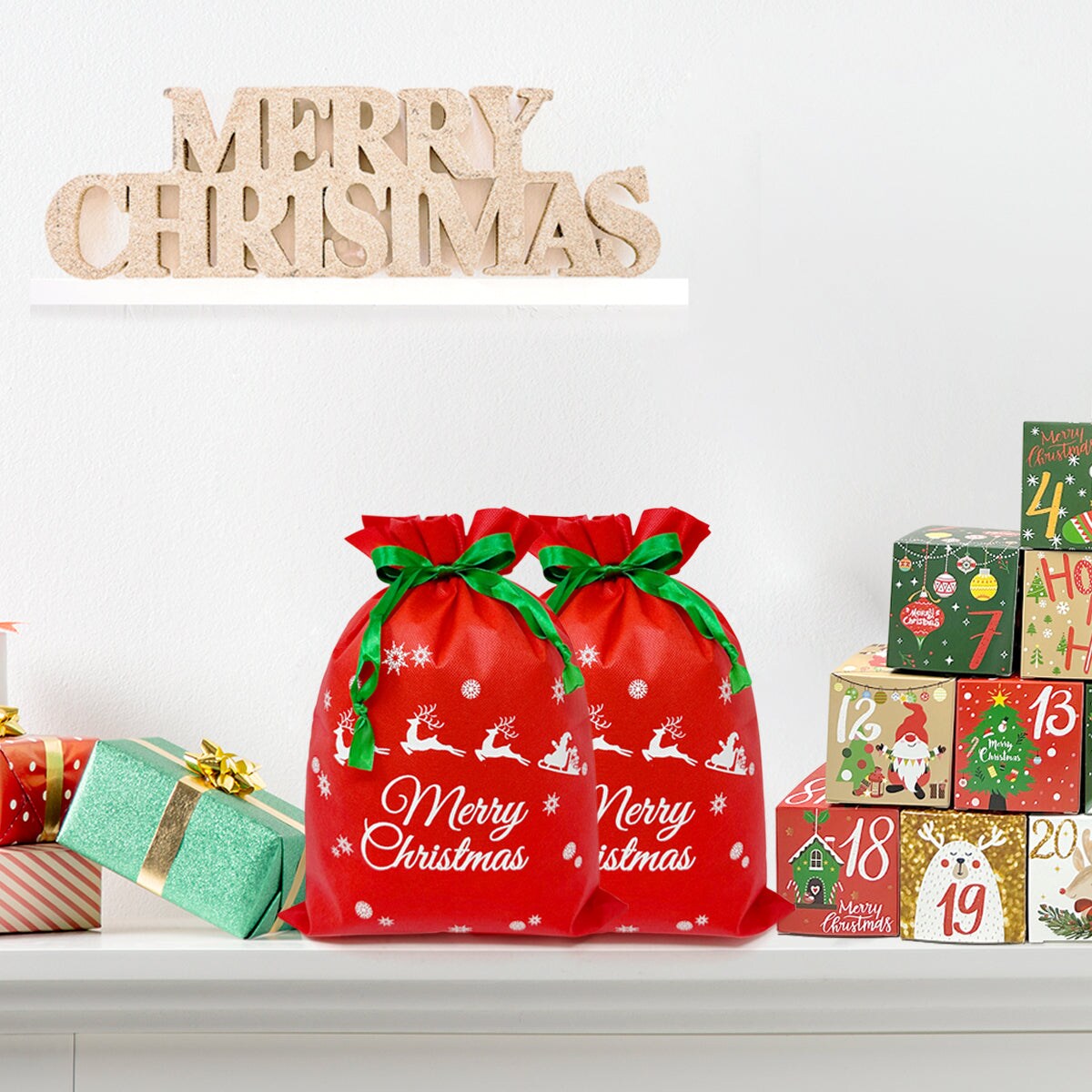 Wrapables Non-Woven Christmas Holiday Drawstring Gift Bags for Party Favors, Goodie Bag, Treats, Gift Wrap, Parties (Set of 8)