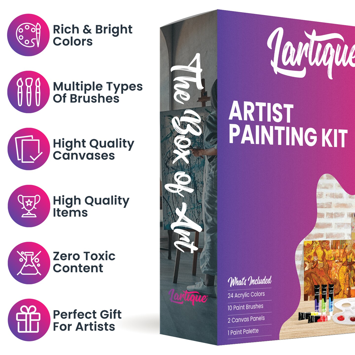 Lartique Acrylic Paint Set, 24 Color Paint Set with Canvases, Paint Brushes, and Paint Palette