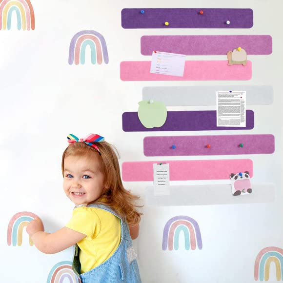 8 Pieces Purple Rose Cork Board Bar Strips with 50 Pushpins & Sticky Notes, Self-Adhesive Bulletin Board Strips No Damage for Wall, Felt Pin Board for Paste Notes, Photos, Schedules Office Decor