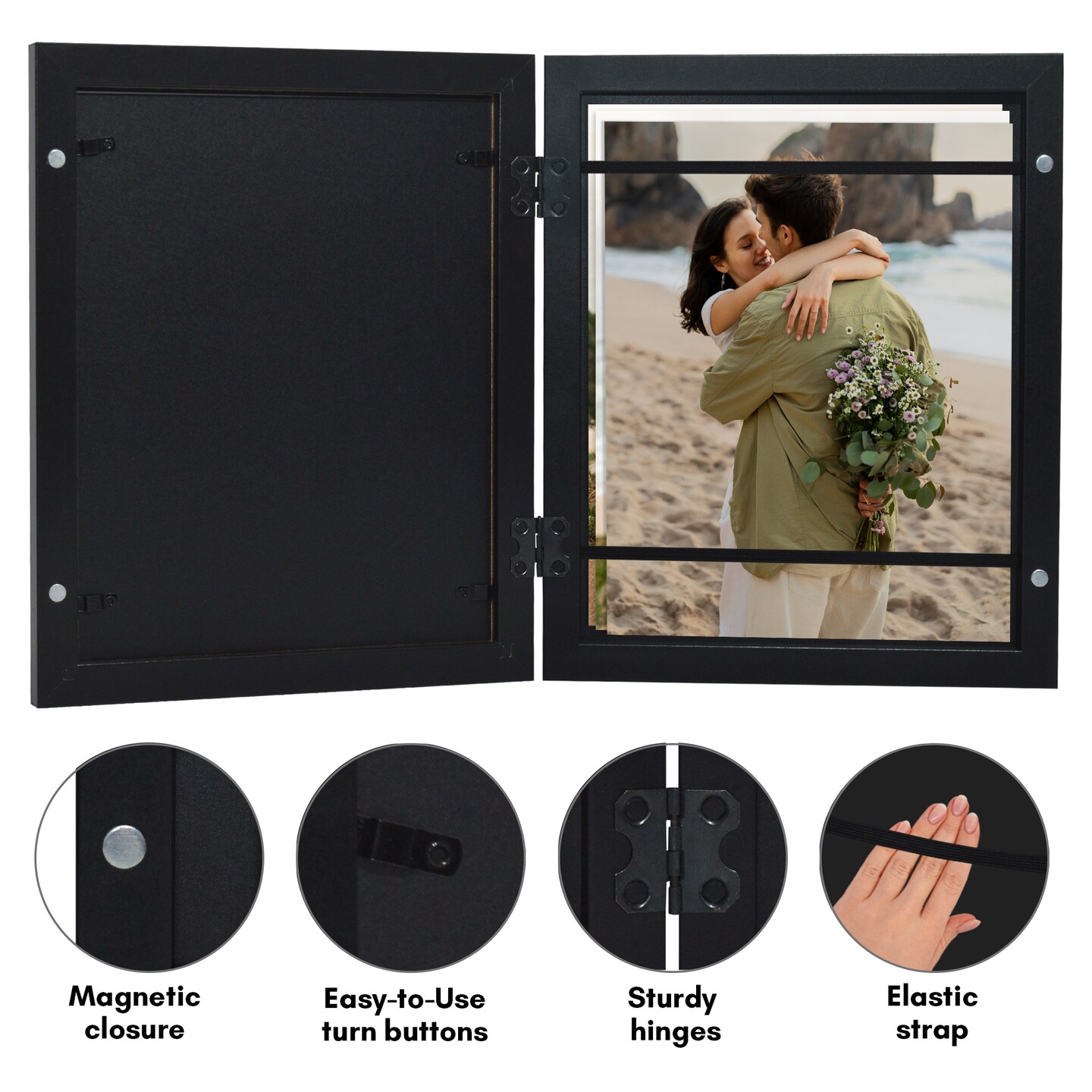 Americanflat Quick-Change Photo Storage Display Frame - Store up to 35 Pictures at Once with Elastic Strap Storage - Shatter Resistant Glass - Hanging Hardware - Includes Easel - Black