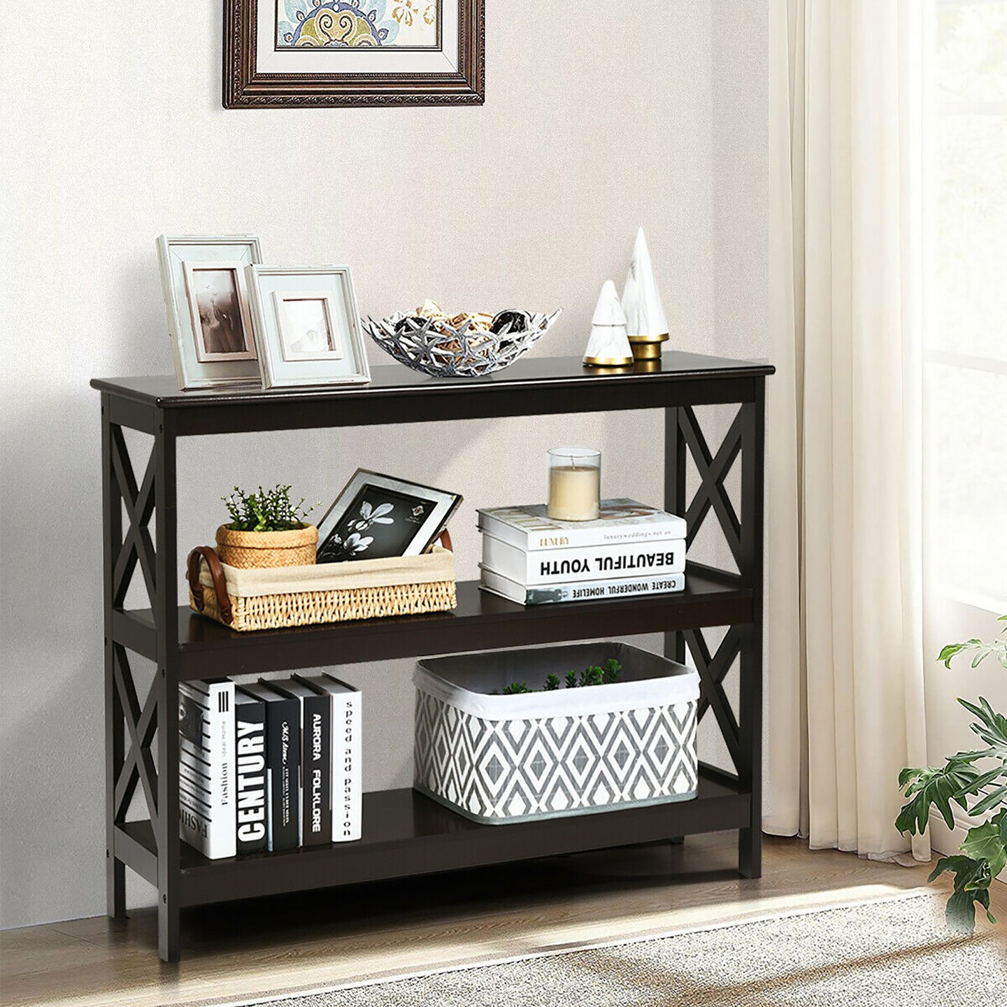 Costway 3-Tier Console Table x-Design Bookshelf Sofa Side Accent Table w/Shelf Espresso\Black