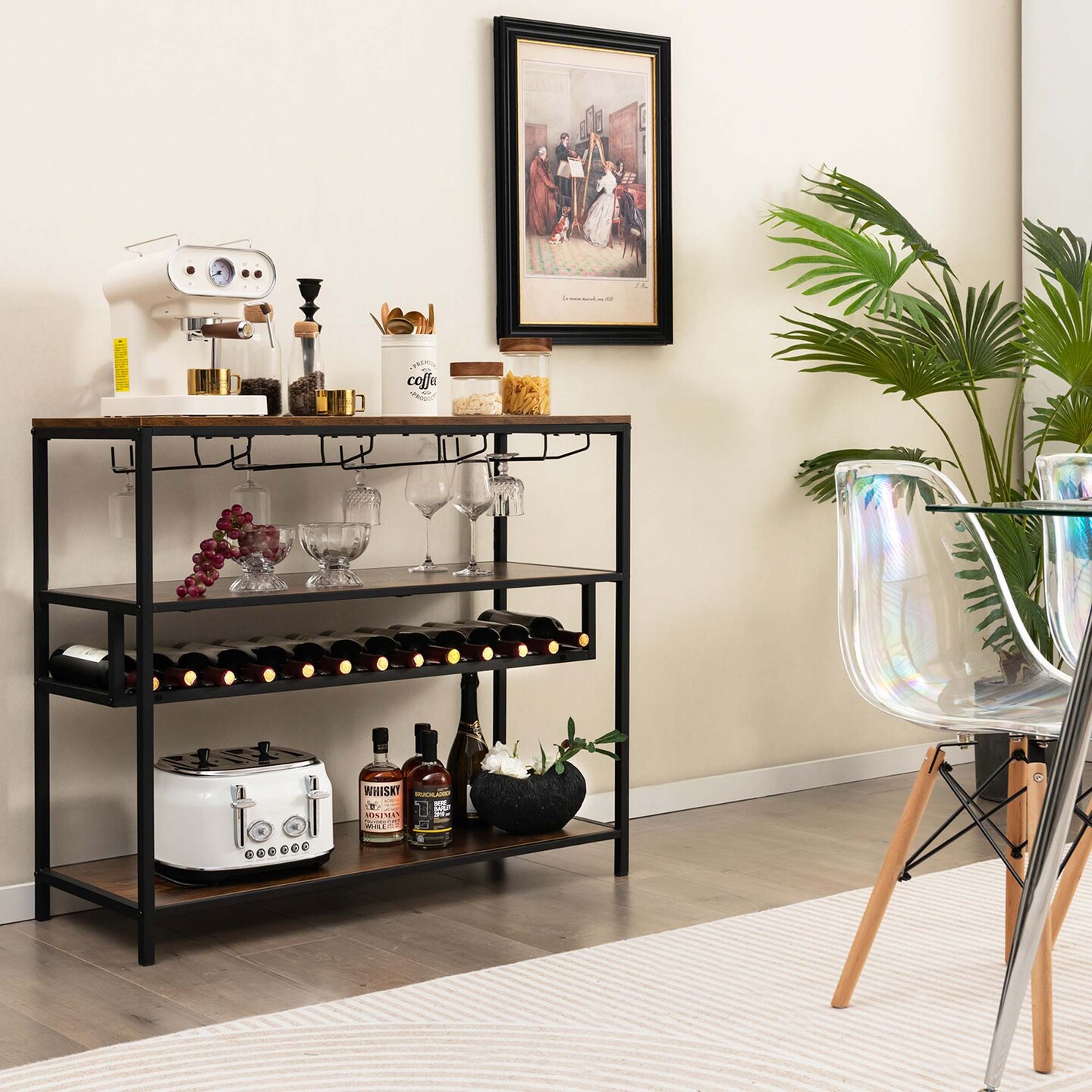 Costway Rustic Wine Rack Table 13 Bottles Wine Bar Cabinet Freestanding with Glass Holder