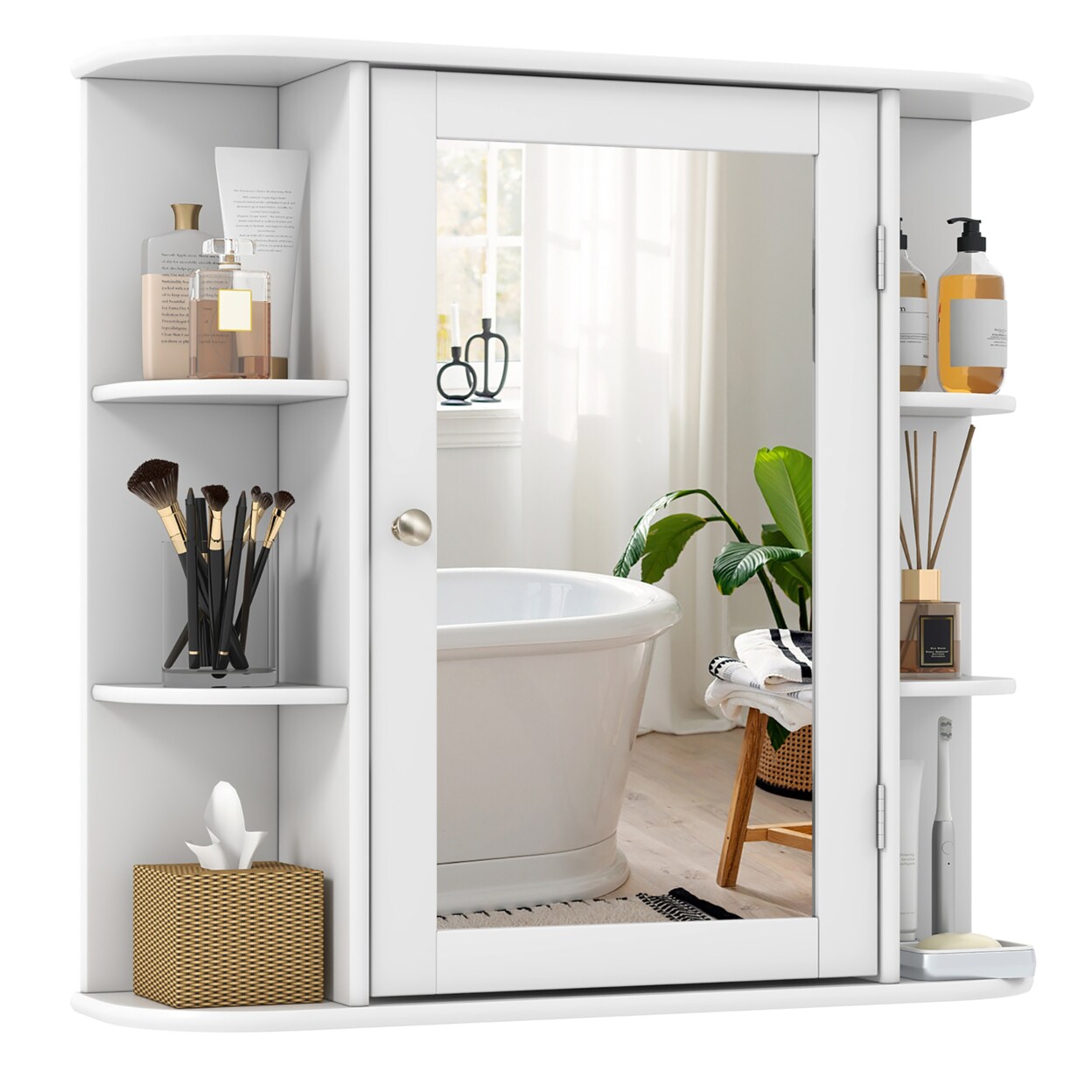 Bathroom White Finish Multipurpose Mount Wall Surface Storage Cabinet Mirror