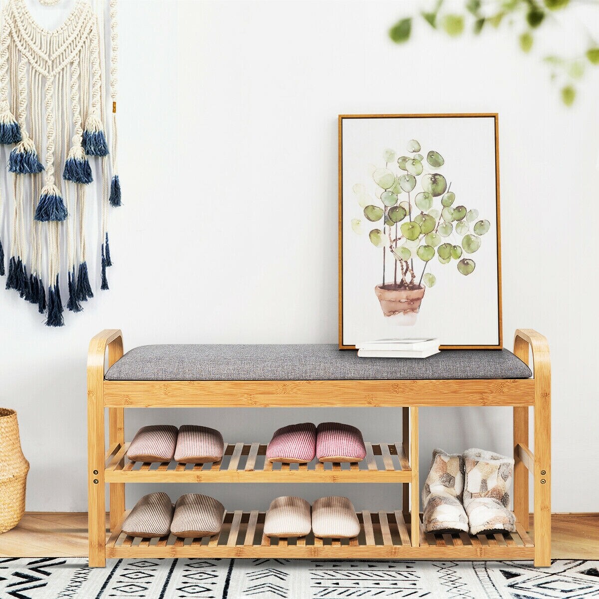 3-Tier Wicker Shoe Rack Bench with Cushion Perfect for Variety of Shoes
