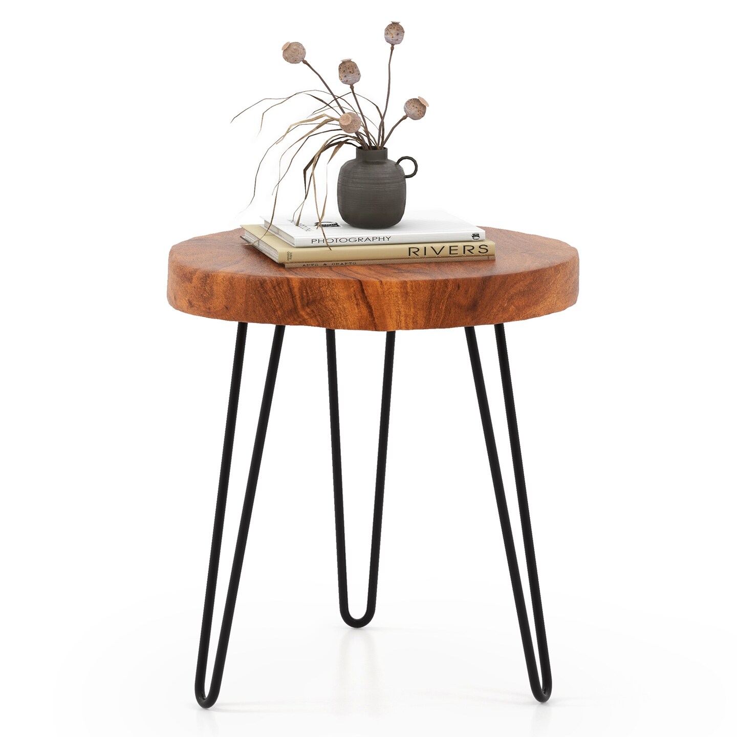 Costway Round End Table Accent Side Table Reclaimed Indonesia Teak Wood Plant Stand Patio Rustic